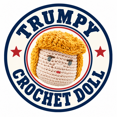 Yellow-haired crochet doll face framed by a red, white and navy circular border.