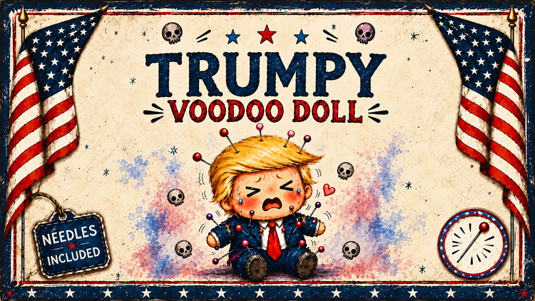 Vintage Trumpy Voodoo Doll banner with a crying cartoon doll, colorful pins, American flags and Needles Included lettering.