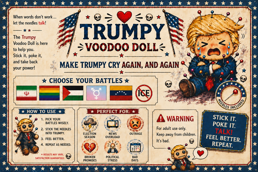 Vintage Trumpy Voodoo Doll instruction panel with a crying cartoon doll, a red heart, colorful pins and American flags.