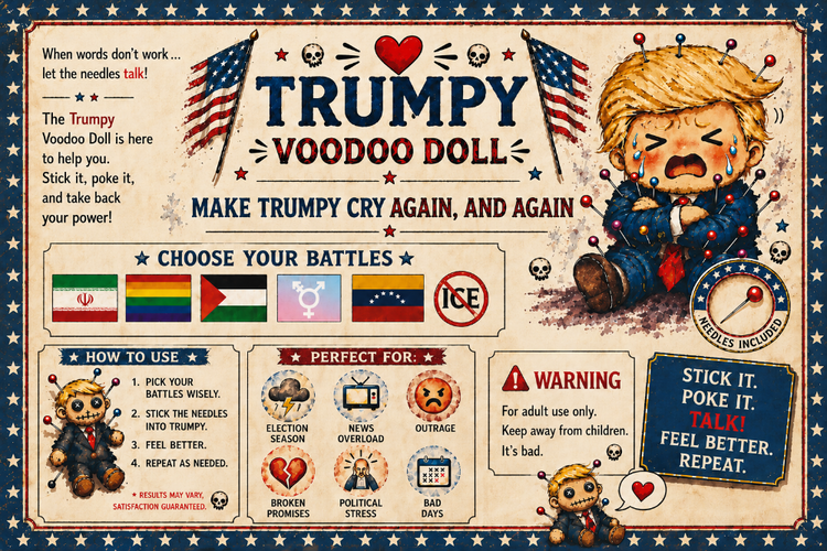 Vintage Trumpy Voodoo Doll instruction panel with a crying cartoon doll, a red heart, colorful pins and American flags.