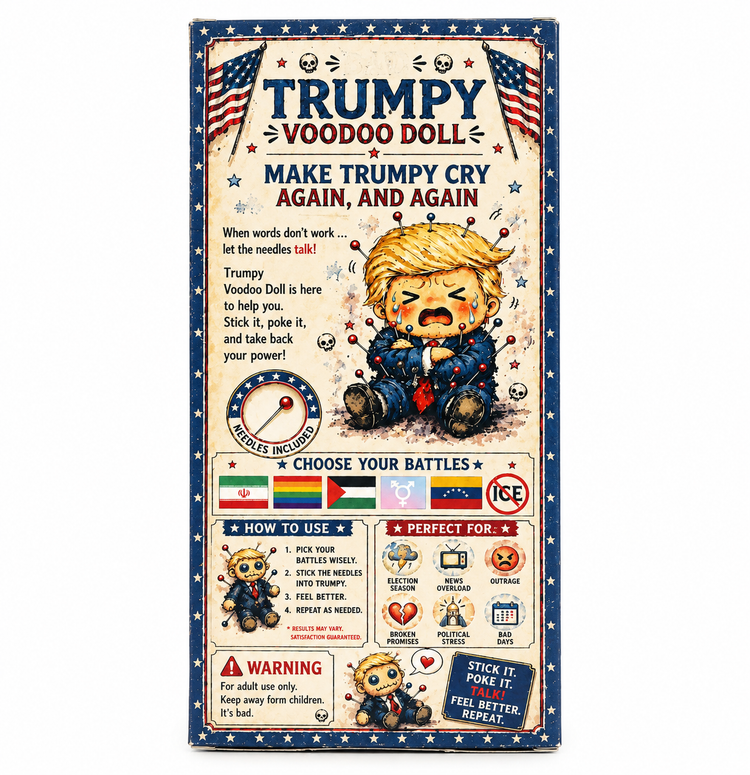 Back of the Trumpy Voodoo Doll box with a crying cartoon doll, illustrated instructions and an adult-use warning.