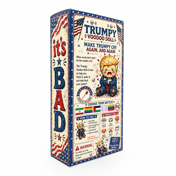 Rear three-quarter view of the Trumpy Voodoo Doll box with illustrated instructions and It's Bad lettering on the side.

