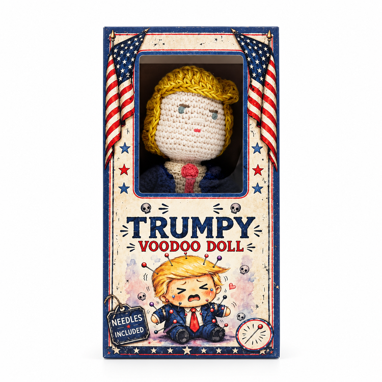 Front view of the Trumpy Voodoo Doll collector box, with the yellow-haired crochet doll visible through the window.