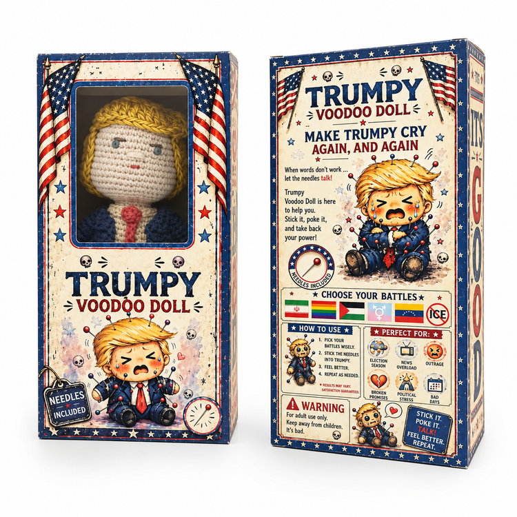 Front and back views of Trumpy Voodoo Doll collector boxes, showing the display window and illustrated instructions.