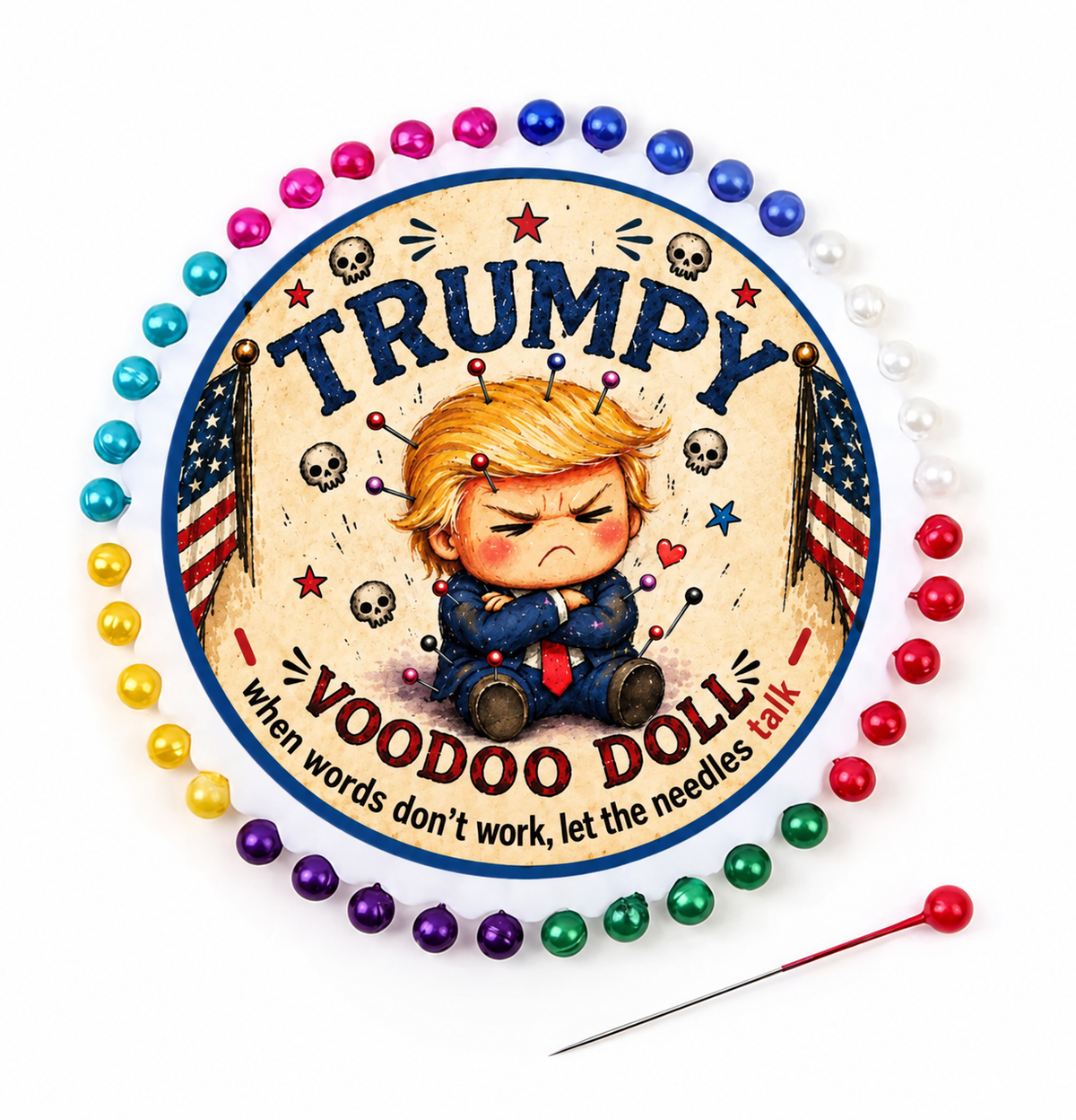 Colorful ball-headed pins arranged around a circular Trumpy Voodoo Doll holder, with one red-headed pin beside it.