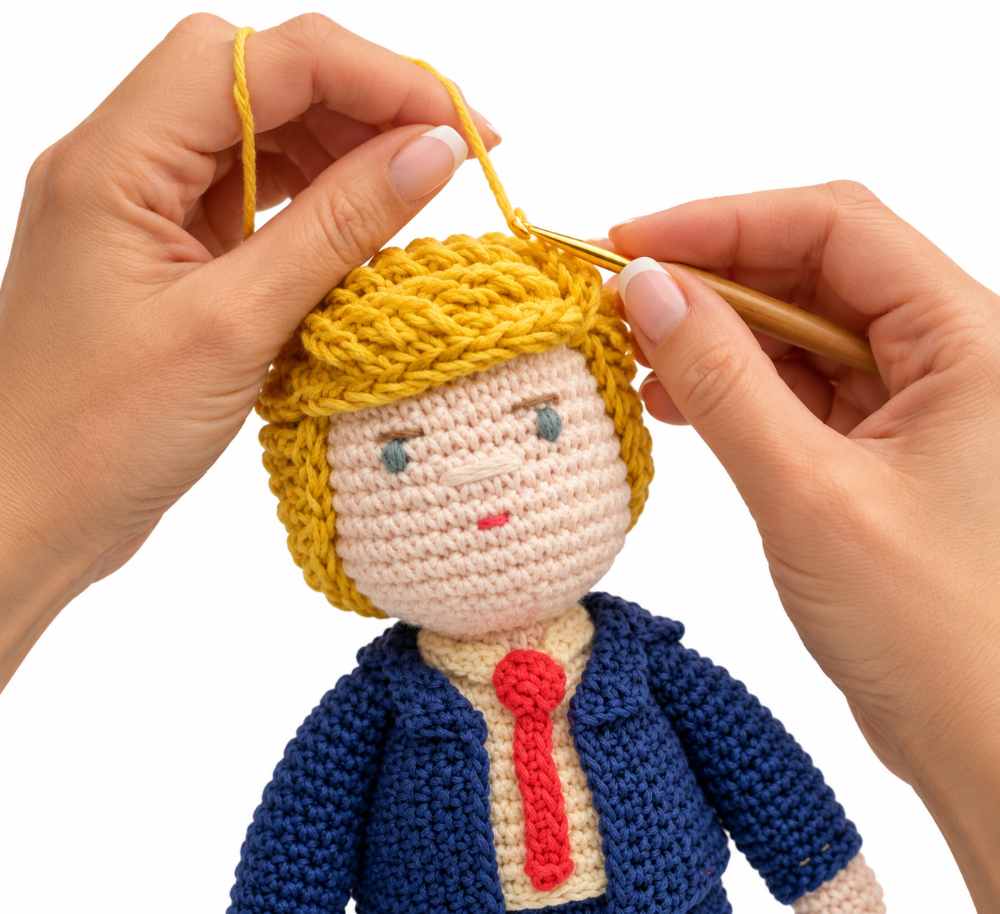 Hands crocheting yellow yarn hair onto a Trump doll wearing a navy suit and red tie.