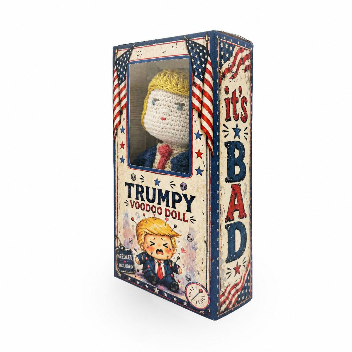 Front and side view of the Trumpy Voodoo Doll box, showing the crochet doll through a window and It's Bad lettering.