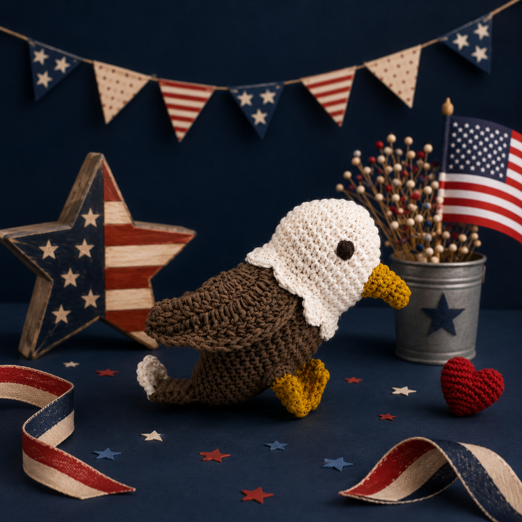 Crochet bald eagle displayed with an American flag, patriotic bunting and a wooden flag-patterned star.